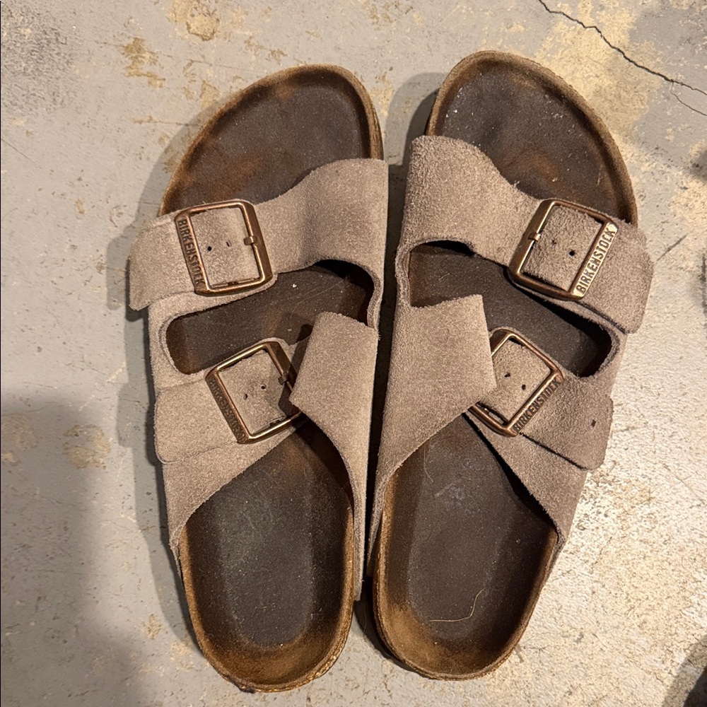 Birkenstock Two-Strap Suede Sandals in Taupe Gray